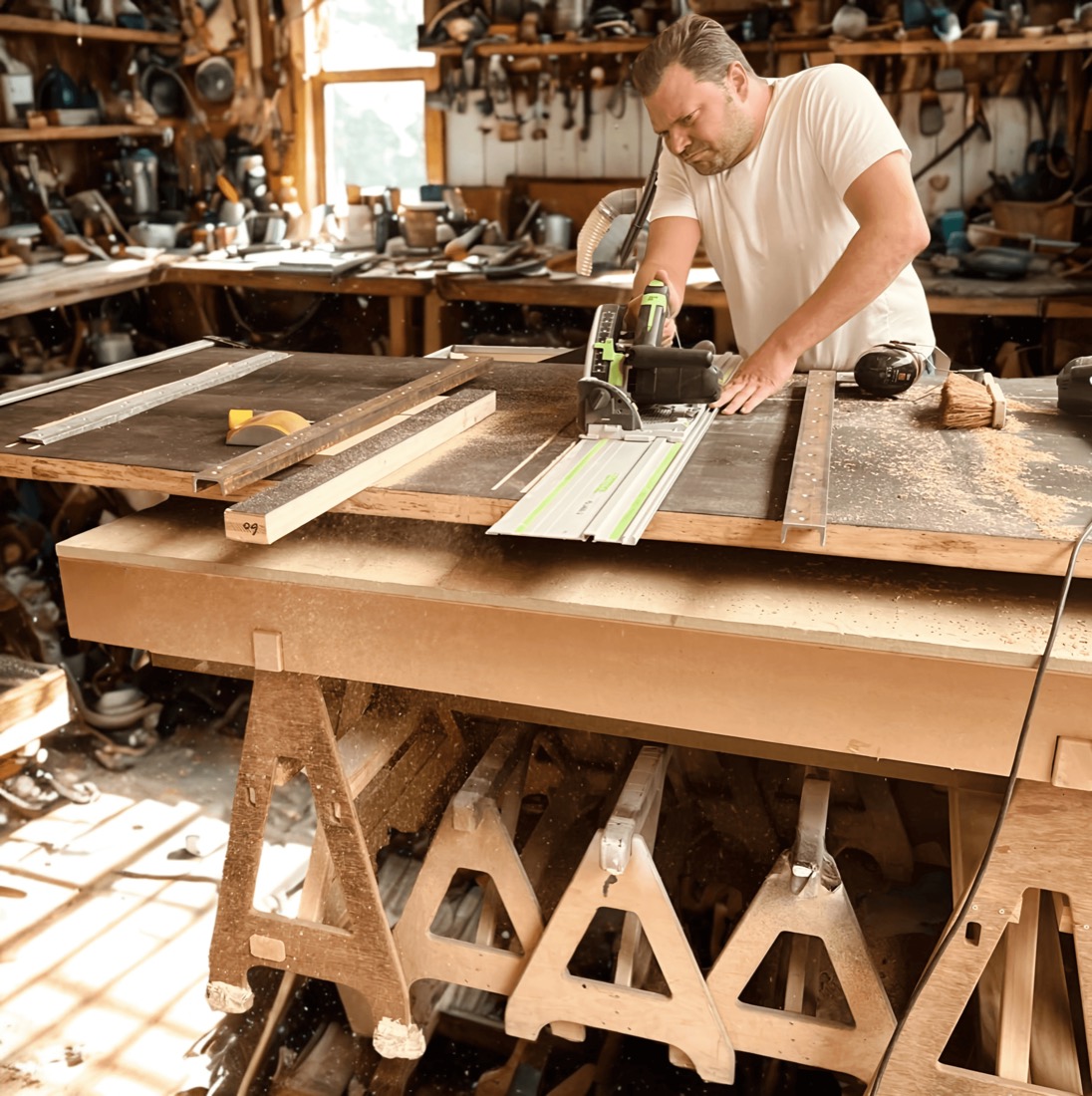 Serge zaagt een plaat op maat aan zijn werkbank in ons eigen atelier