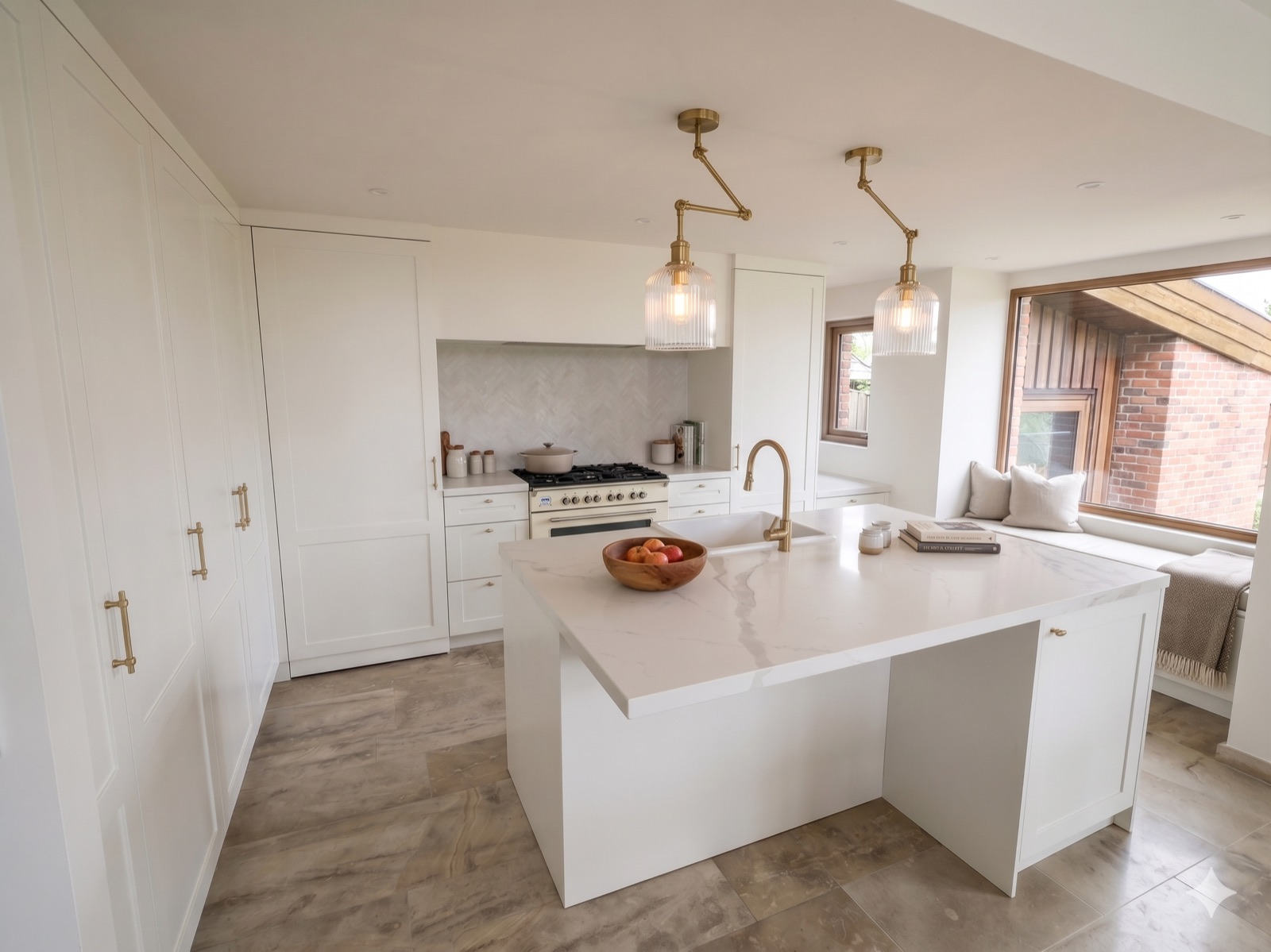 Witte keuken op maat van Atelier SPC, met een kookeiland, messing accenten en een zitbank aan het raam